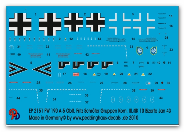 Peddinghaus-Decals 1/72 2151 Fw 190 A-5 Oblt. Fritz Schröter, Grup.Kom. III./SK 10 Bizerta 1943