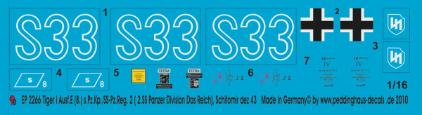 Peddinghaus-Decals 1:16  2266 Tiger I Ausf.E (8.) s.Pz.Kp./SS-Pz.Reg.2 Div. Das Reich, Schitomir Dez 43