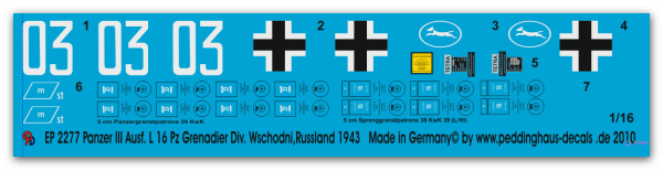 Peddinghaus-Decals 1:16  2277 Panzer III Ausf. L 16 Pz. Grenadier Div. Wschodni, Russland 1943