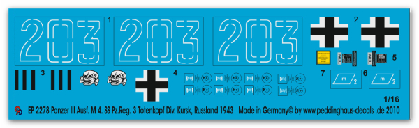 Peddinghaus-Decals 1:16  2278 Panzer III Ausf M 4.SS.Pz.Reg 3 Totenkopf Div. Kursk 1943