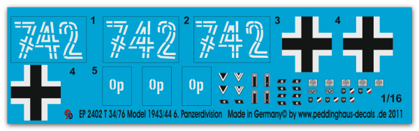 Peddinghaus-Decals 1:16  2402 T34/76 Model 1943/44 , 6. Panzerdivision