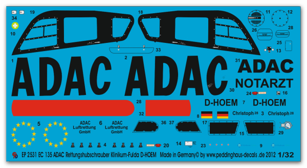 Peddinghaus-Decals 1:32  2531  EC 135 ADAC Rettungshubschrauber Klinikum-Fulda 2010 D-HOEM