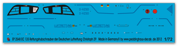 Peddinghaus-Decals 1:72 2548  EC 135 Rettungshubschrauber der Deutschen Luftrettung D-HZSD Christoph 29