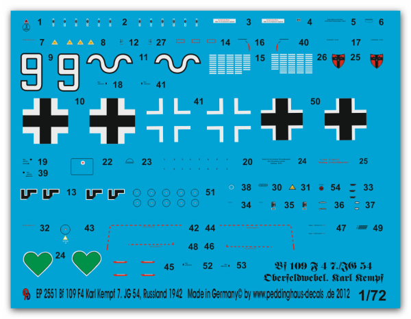 Peddinghaus-Decals 1/72 2551 Bf 109 F 4 7./JG 52 Oberfeldwebel Karl Kempf, Russland 1943