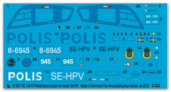 Peddinghaus-Decals 1:32  2577  EC 135 P2 Polizeihubschrauber Schweden SE-HPV