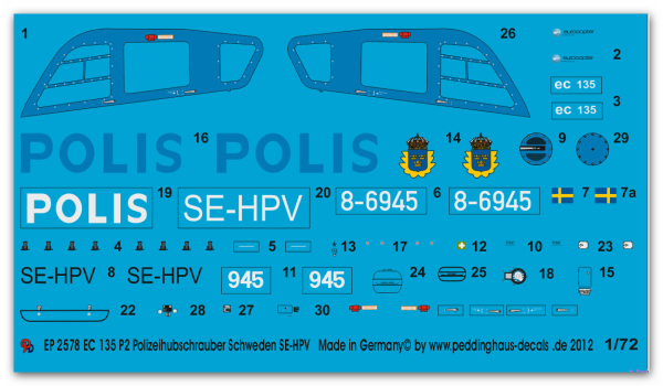 Peddinghaus-Decals 1:72 2578  EC 135 P2 Polizeihubschrauber Schweden SE-HPV