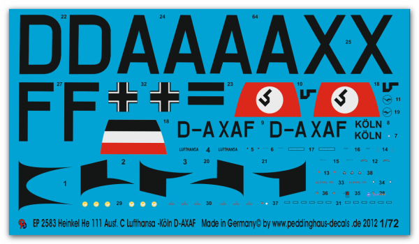 Peddinghaus-Decals 1/72 2583 He 111 C Lufthansa Köln D-AXAF