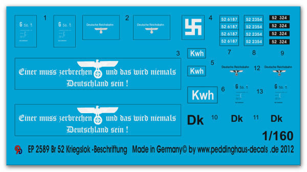 Peddinghaus-Decals  1:160 2589 BR 52 steamer war production markings
