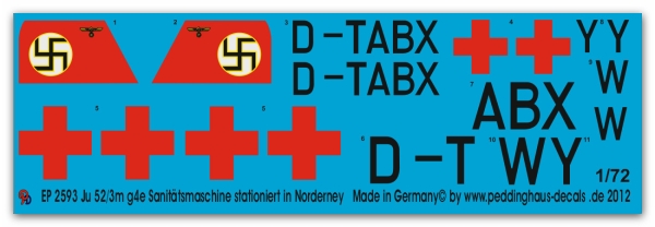 Peddinghaus-Decals 1/72 2593 Ju-52/3m g4e Sanitätsmaschine auf Norderney stationiert  für 3 Maschinen D-TABX-Y-W
