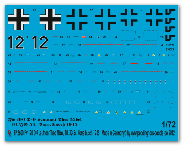 Peddinghaus-Decals 1/72 2600 Fw 190 D-9 Leutnant Theo Nibel 10./JG 54, Varrelbusch, Deutschland 1945