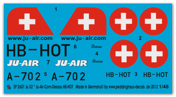 Peddinghaus-Decals 1:48 2607 Ju 52 " Ju-Air-Com- Dessau HB-HOT