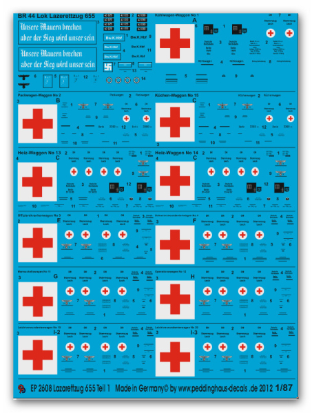Peddinghaus-Decals 1:87 2608  Ambulancetrain 655 Steamer ,Stafffcars and part 1 woundetwaggons , total 11 Waggons