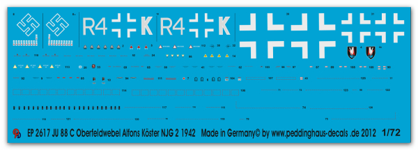 Peddinghaus-Decals 1/72 2617 Ju 88 C Oberfeldwebel Alfons Köster III/ NJG 2, 1942