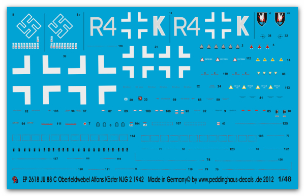 Peddinghaus-Decals 1:48 2618 Ju 88 C Oberfeldwebel Alfons Köster III/ NJG 2, 1942