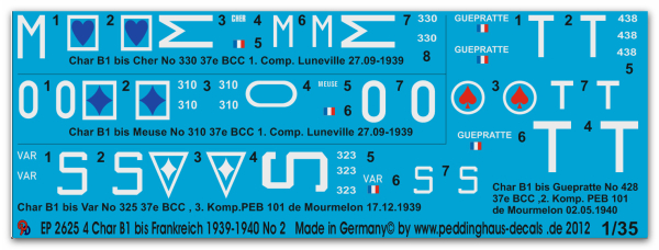 Peddinghaus-Decals 1:35  2625 4 Char B1 bis Panzer France 1939-1940 No 2
