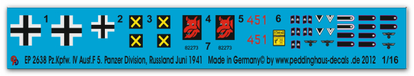 Peddinghaus-Decals 1:16 2638 Pz.Kpfw.IV Ausf. F, 5. Panzer Division, Russia June 1941