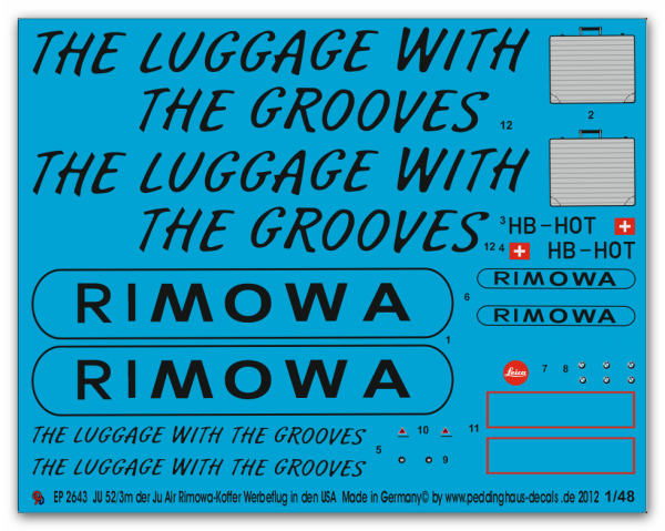 Peddinghaus-Decals 1:48 2643 JU 52/3m der Ju AirRimowa Koffer  Werbeflug in den USA