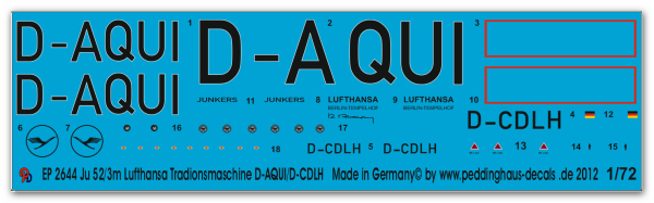 Peddinghaus-Decals 1/72 2644 Ju 52/3m Lufthansa Tradionsmaschine D-AQUI/ D-CDLH