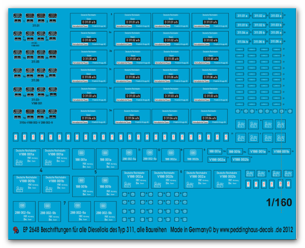 Peddinghaus-Decals  1:160 2648 Beschriftungen für alle Dieselloks des Typ D 311 alle Baureihen