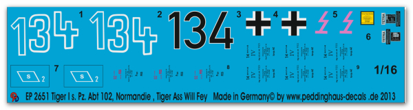 Peddinghaus-Decals 1:16  2651 Tiger I 1. Komp. S. Pz. Abt 102 Normandie , Tiger Ace Will Fey