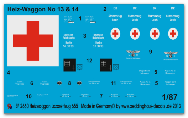 Peddinghaus-Decals 1:87 2660  Heatingwaggon of the ambulance train 655 , white label