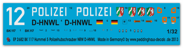 Peddinghaus-Decals 1:32 2682  BK 117 Hummel 5 Polizeihubschrauber NRW