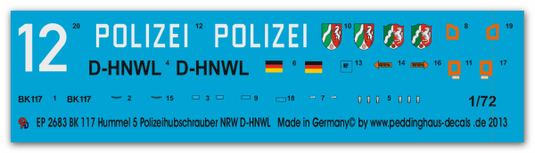 Peddinghaus-Decals 1:72 2683  BK 117 Hummel 5 Polizeihubschrauber NRW