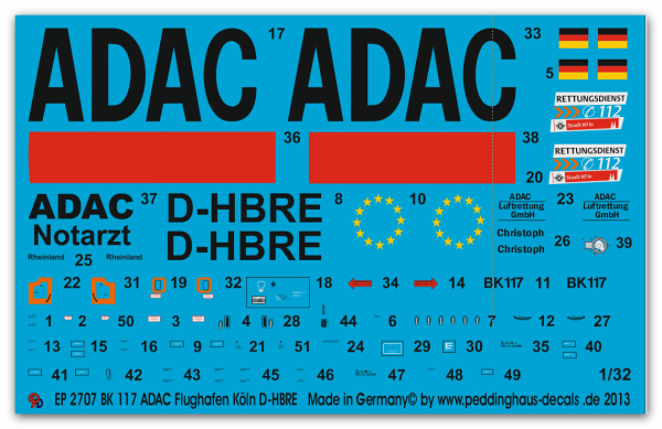 Peddinghaus-Decals 1:32  2707  BK 117 ADAC Köln Flughafen D-HBRE