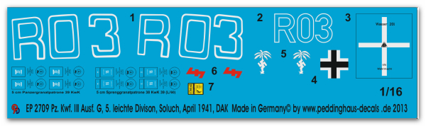 Peddinghaus-Decals 1:16  2709 Pz. Kfw. III Ausf. G 5. Leichte Division, Soluch, April 1941, DAK
