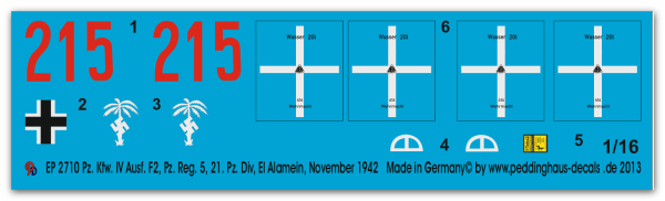 Peddinghaus-Decals 1:16  2710 Pz. Kfw. IV Ausf. F2, Pz. Reg. 5, 21. Pz. Div. El Alamein, November 1942