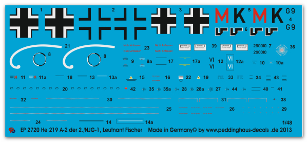 Peddinghaus-Decals 1:48 2720 He 219 A-2 2/NJG 1 Lt. Fischer