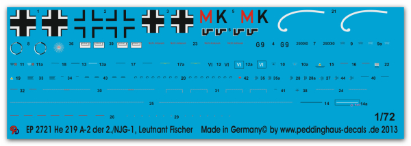 Peddinghaus-Decals 1/72 2721 He 219 A-2 2/NJG 1 Lt. Fischer