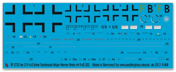 Peddinghaus-Decals 1:48 2723 He 219 A-0 Erster Testeinsatz von Major Werner Streb mit FuG 202