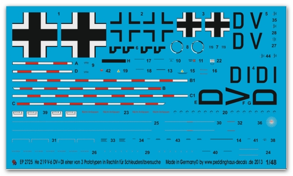 Peddinghaus-Decals 1:48 2725 He 219 V-6 einer von 3 Prototypen in Rechlin für Schleudersitzversuche