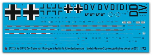 Peddinghaus-Decals 1/72 2726 He 219 V-6 einer von 3 Prototypen in Rechlin für Schleudersitzversuche