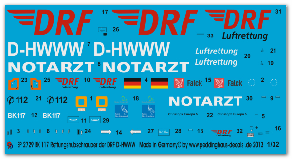 Peddinghaus-Decals 1:32  2729  BK 117 Rettungshubschrauber der DRF Christoph Europa D- HWWW