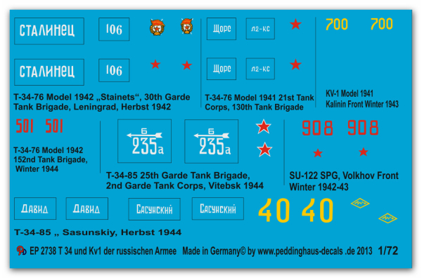 Peddinghaus-Decals 1:72 2738  T34 und KV 1 der russischen Armee