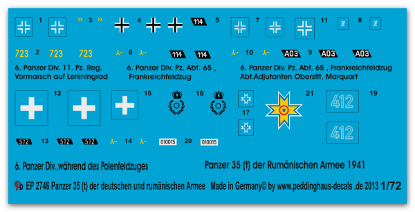 Peddinghaus-Decals 1:72 2746  Panzer 35 ( t) deutsche und rumänische Armee