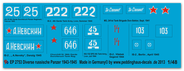 Peddinghaus-Decals 1:48 2753 diverse russische Panzer IS 2-KV-1S-Churchill Mk IV-M3- ISU 152