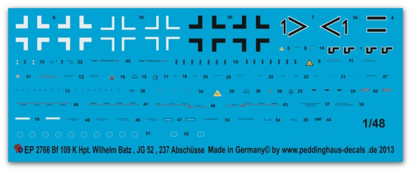 Peddinghaus-Decals 1:48 2766 Bf 109 K Hpt. Wilhem Batz Gruppen Kommandeur JG 52 237 Abschüsse