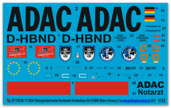 Peddinghaus-Decals 1:32  2768  BK 117 ADAC Rettungshubschrauber D-HBND Bundeswehr-Krankenhaus Ulm