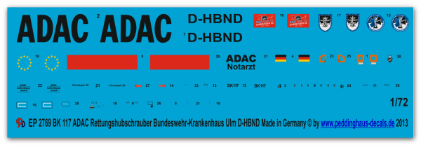 Peddinghaus-Decals 1:72 2769  BK 117 ADAC Rettungshubschrauber D-HBND Bundeswehr-Krankenhaus Ulm