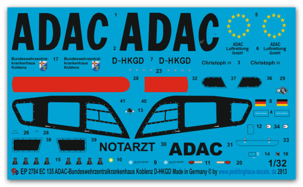 Peddinghaus-Decals 1:32  2784  Ec 135 ADAC Rescuehelicopter German Army-Centralhospital Koblenz D-HKGD