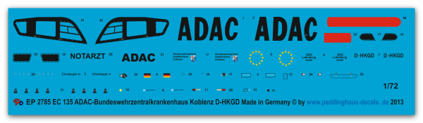 Peddinghaus-Decals 1:72 2785  EC 135 ADAC-Bundeswehrzentralkrankenhaus Koblenz D-HKGD
