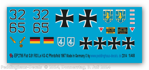 Peddinghaus-Decals 1:48 2795 a Fiat G91 R/3 Le KG 42 Pferdsfeld