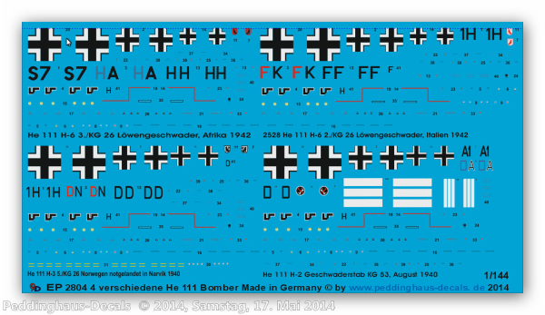 Peddinghaus-Decals 1:144  2804 4 different german Bomber  Typ He 111