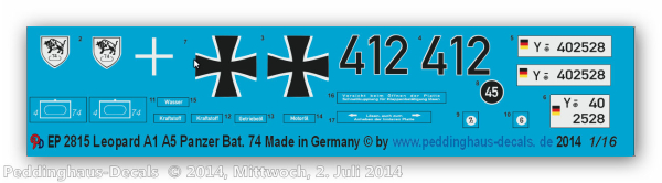 Peddinghaus-Decals 1:16  2815 german Leopard A1A5 Pz. Bat 74