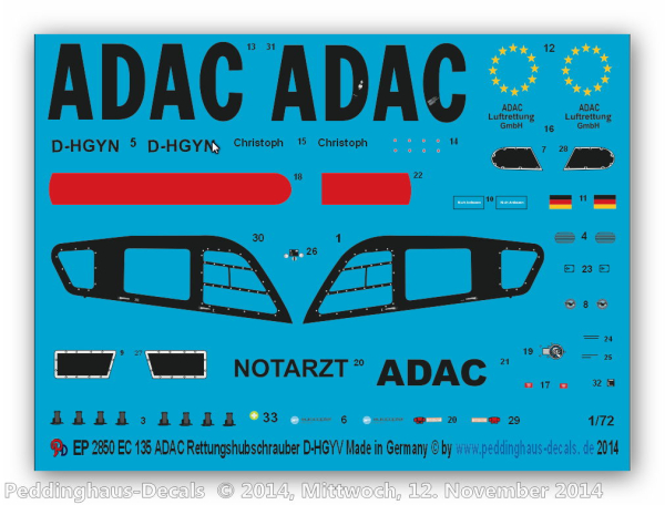 Peddinghaus-Decals 1:72 2850  EC 135 Rettungshubschrauber des ADAC D-HGYV