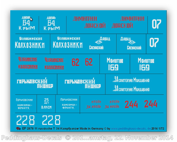 Peddinghaus-Decals 1:72  2878 11 russische T 34 Kampfpanzer