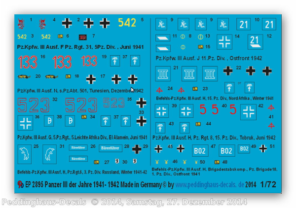 Peddinghaus-Decals 1:72  2895 Beschriftungen für Panzer III der Jahre 1941-42